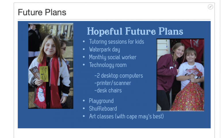 this image provides the future plans for the organization, like tutoring sessions or having a waterpark day