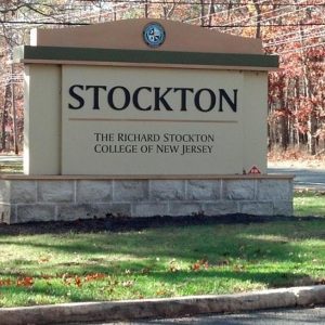 Stockton University sign in spring