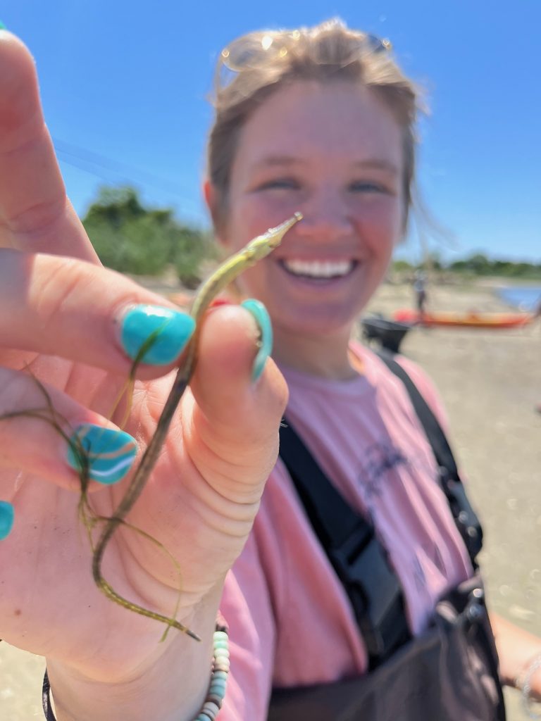 girl holding a small fish on the beach
