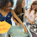 four girls looking at sea creatures in a classroom